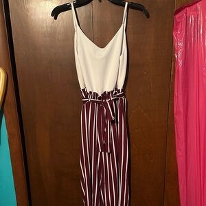 Burgundy and White Striped Jumpsuit